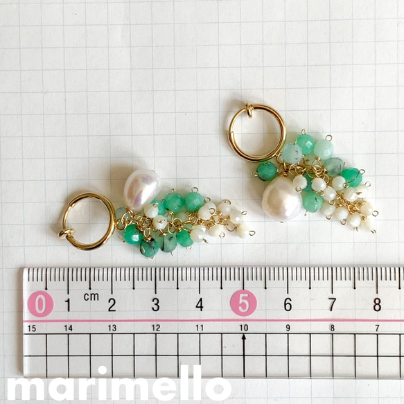 14kgf * 淡水珍珠和綠玉髓圈形耳環 (K16GP) * 天然石 第6張的照片