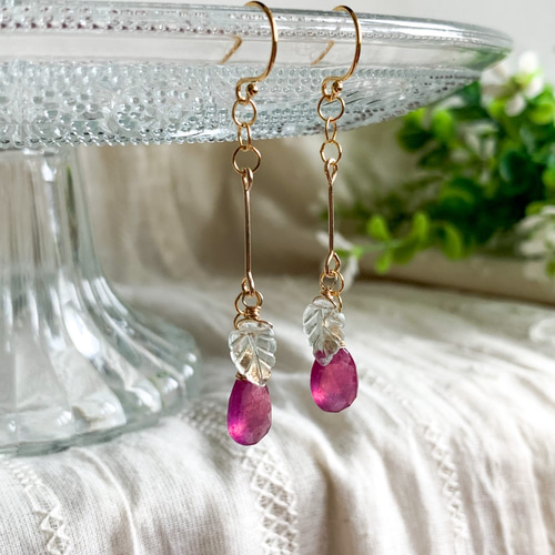 14kgf*ルビーとアクアマリンのバーピアス／イヤリング*天然石 ピアス 