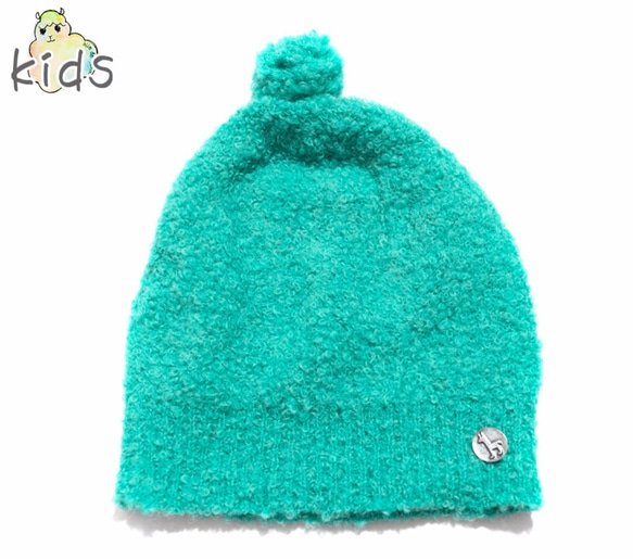 「alpaca boucle Knit cap」 size : kids F　color : エメラルドグリーン 1枚目の画像
