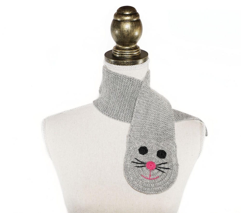 ベビーアルパカ100％　猫顔マフラー「cat scarf」 size : S　color : ライトグレー