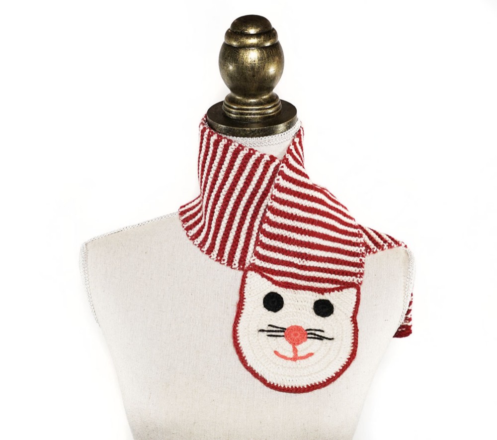 ベビーアルパカ100％　猫顔マフラー「cat scarf」 size : L　color : レッド＆アイボリー