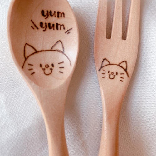 名入れ♡木製スプーン＆フォーク♡うさぎ、くま、ねこ 名前入り