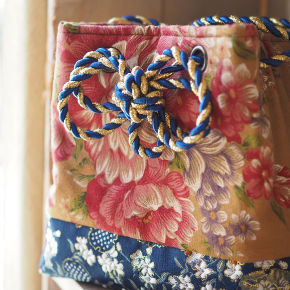 台湾花柄x絹織物御守りminiトートバッグ(一点作品) 3枚目の画像