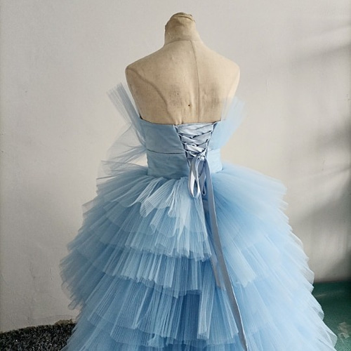 高品質！カラードレス水色 ソフトチュール フィッシュテール 憧れの  