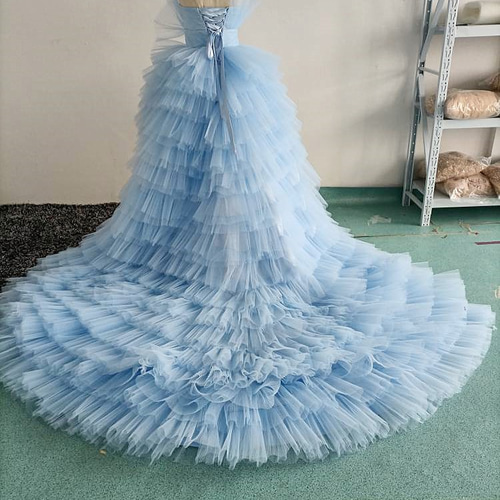 高品質！カラードレス水色 ソフトチュール フィッシュテール 憧れの  