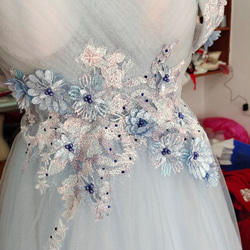 カラードレス 薄青 ソフトチュール ベアトップ オフショルダー ステージ衣装 パーティー ロングドレス 5枚目の画像