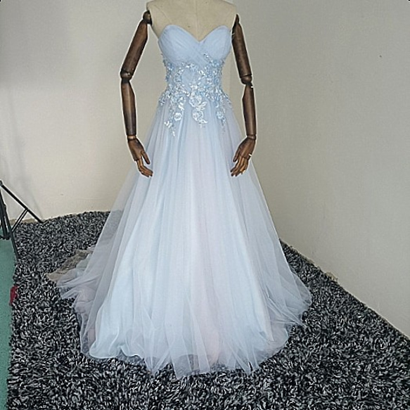 カラードレス 薄青 ソフトチュール ベアトップ オフショルダー  