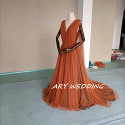 豪華！マント風カラードレス  前撮り テラコッタ色 Vネックドレス ソフトチュール  憧れのドレス 3枚目の画像