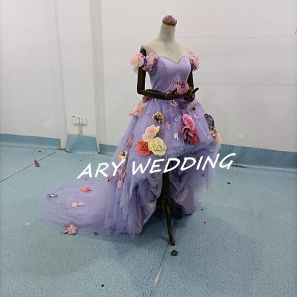 高質量！顏色連衣裙淺紫色魚尾花圖案可愛公主系新娘/婚禮 第3張的照片