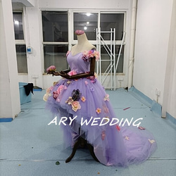 高質量！顏色連衣裙淺紫色魚尾花圖案可愛公主系新娘/婚禮 第4張的照片