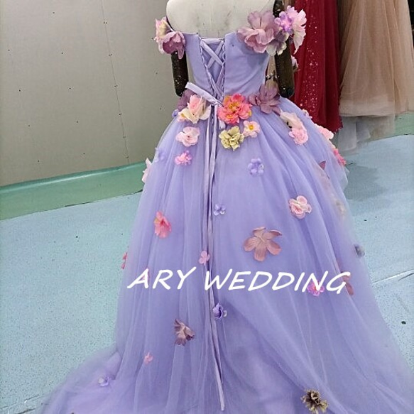 高質量！顏色連衣裙淺紫色魚尾花圖案可愛公主系新娘/婚禮 第7張的照片