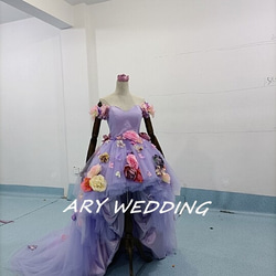 高質量！顏色連衣裙淺紫色魚尾花圖案可愛公主系新娘/婚禮 第8張的照片