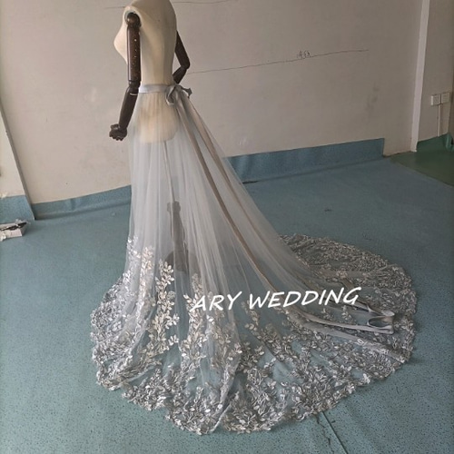 大人気上昇ウエディングドチュールスカート 薄シルバー リーフ刺繍  