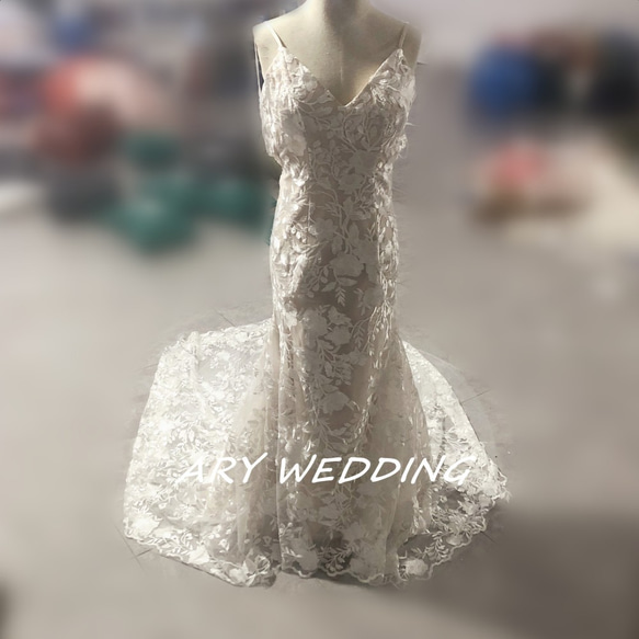 刺繍レース 背中開き ソフトマーメイドドレス