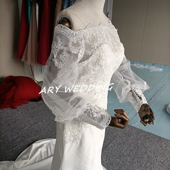 高質量！婚紗露肩公主袖魚尾紋婚紗新娘優雅嚮往禮服 第7張的照片