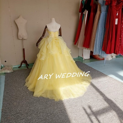 高品質！カラードレス レモンイエロー ソフトチュール ベアトップ  