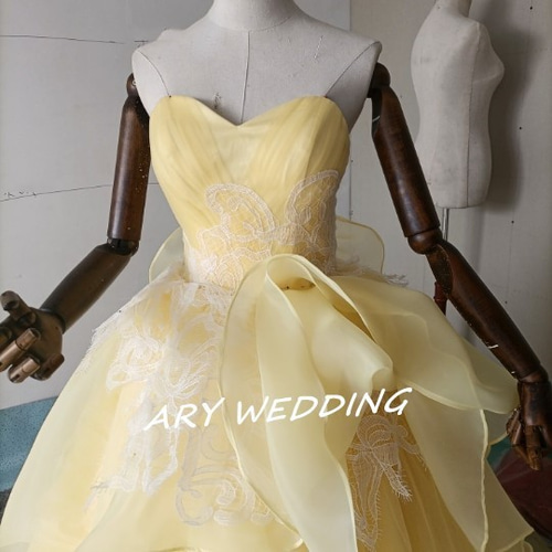 高品質！カラードレス レモンイエロー ソフトチュール ベアトップ  