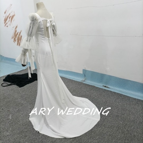 フランス風 スクエアネック 姫袖 ウエディングドレス マーメイドライン  