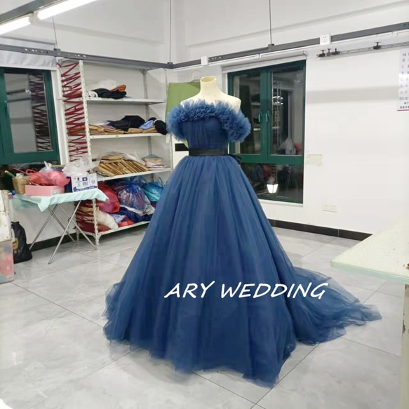 高品質！青 ネイビーブルー カラードレス トレーン 取り外しオフ  