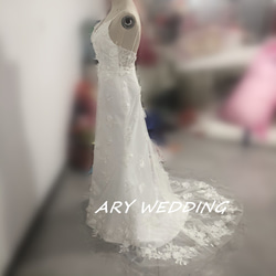 法式V領吊帶背心婚紗預拍3D蕾絲刺繡人魚線酒會/儀式 第3張的照片