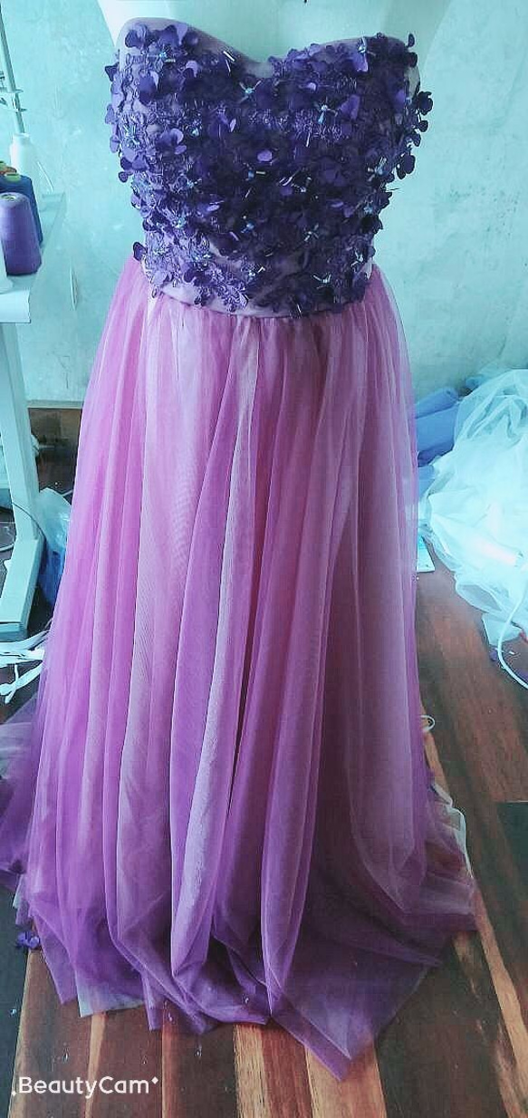 ハンドメイド美品！カラードレス パープル/紫 ベアトップ ステージ衣装 披露宴 パーティー ロングドレス 2枚目の画像