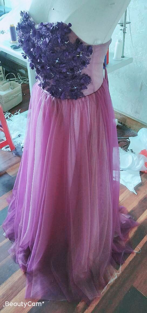 ハンドメイド美品！カラードレス パープル/紫 ベアトップ ステージ衣装 披露宴 パーティー ロングドレス 3枚目の画像