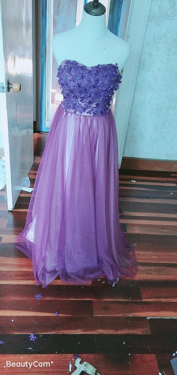 ハンドメイド美品！カラードレス パープル/紫 ベアトップ ステージ衣装 披露宴 パーティー ロングドレス 4枚目の画像