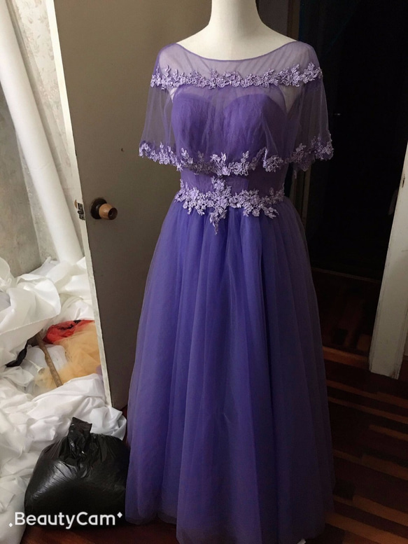 ハンドメイド美品！カラードレス パープル/紫 ロング丈 ケープ風