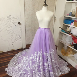 お色直しオーバードレス　ソフトチュールスカート  薄パープル  美しい花レース 豪華なトレーン  丈110-180CM 1枚目の画像