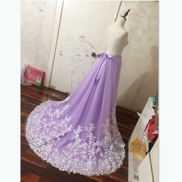 複色大衣柔軟薄紗裙薄款紫色美花蕾絲奢華裙長110-180CM 第3張的照片