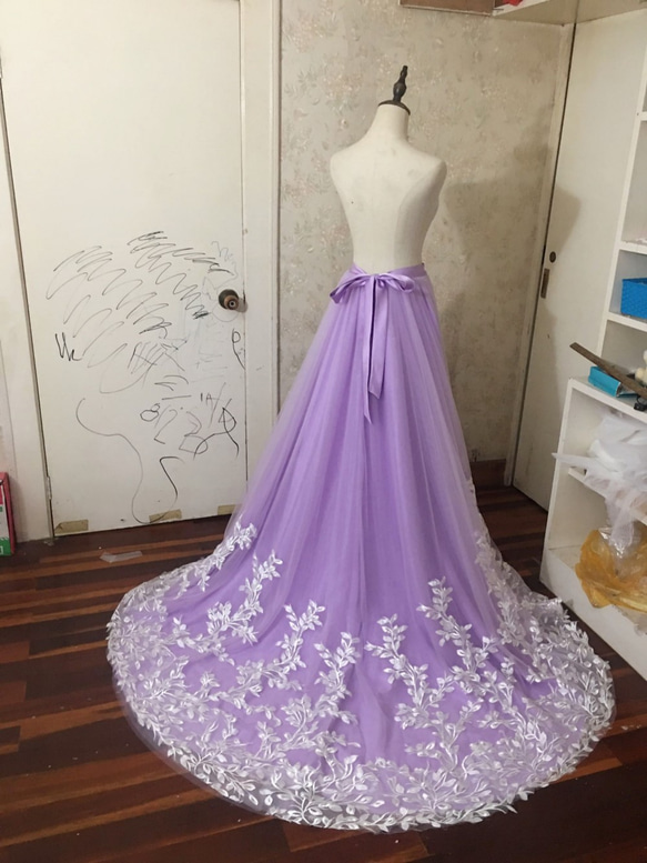 複色大衣柔軟薄紗裙薄款紫色美花蕾絲奢華裙長110-180CM 第4張的照片