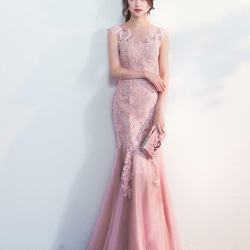 彩色連衣裙粉色柔軟薄紗背心魚尾紋優雅長款晚禮服 第4張的照片