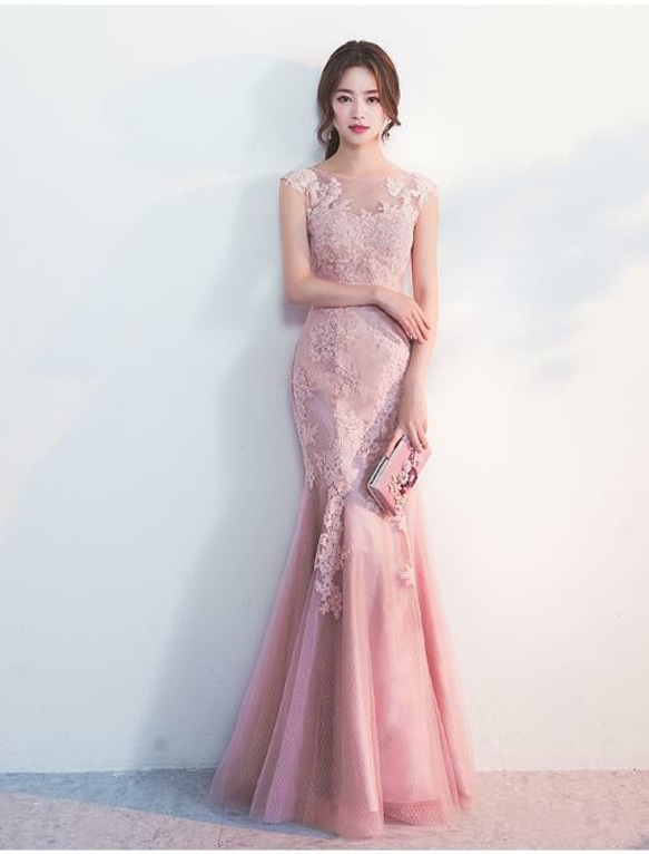 彩色連衣裙粉色柔軟薄紗背心魚尾紋優雅長款晚禮服 第4張的照片