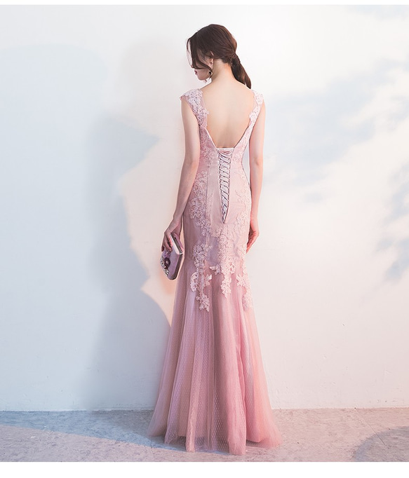 彩色連衣裙粉色柔軟薄紗背心魚尾紋優雅長款晚禮服 第5張的照片