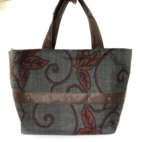 花柄 大島紬×本革 着物リメイク トートバッグ 和装バッグ ハンドメイド