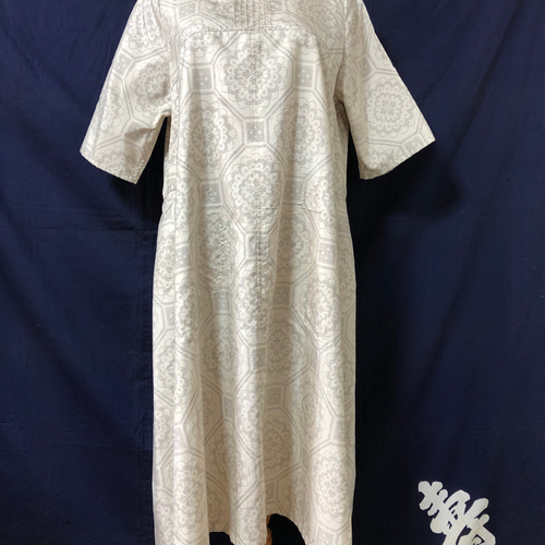 白大島】大島紬 着物リメイクAラインワンピース 手織り経緯(たてよこ