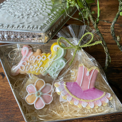 【お誕生日】ドレスのオーガニックアイシングクッキーBOX(メッセージ変更OK) クッキー缶／ウェディング　バレエ 2枚目の画像