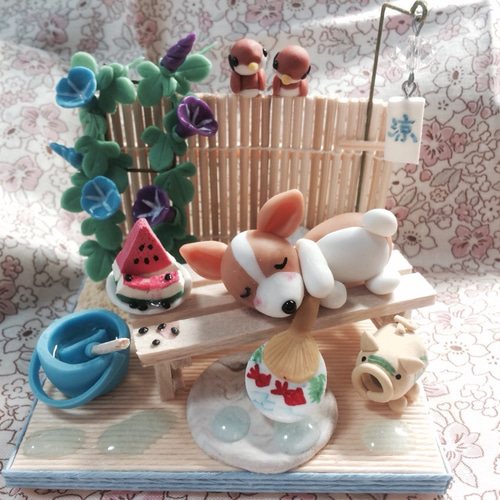 ☆わんちゃんの夏！！(受注生産) 粘土 樹脂粘土 置物 すいか 蚊取り
