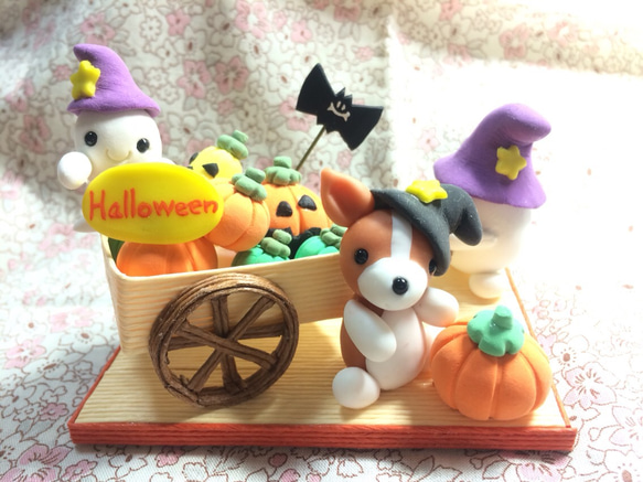 ☆ハロウィンのかぼちゃの荷車とわんちゃん(受注生産) 1枚目の画像