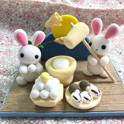 ☆お月見うさぎのお餅つき(受注生産) 樹脂粘土 置物 その他置物