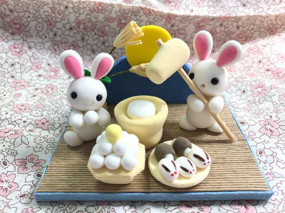 ☆お月見うさぎのお餅つき(受注生産) 樹脂粘土 置物 その他置物 ☆お月見うさぎのお餅つき(受注生産) 樹脂粘土 置物 その他置物