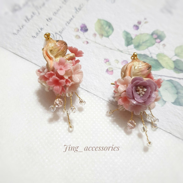 【Jing accessories】 兔子耳環(茶免+紫花) 一款兩花型 樹脂土 (耳針/耳夾) 第2張的照片