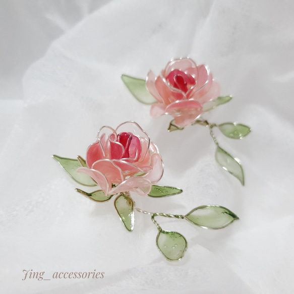 【Jing accessories】心之玫瑰  耳環 UV水晶花 玫瑰花 第3張的照片