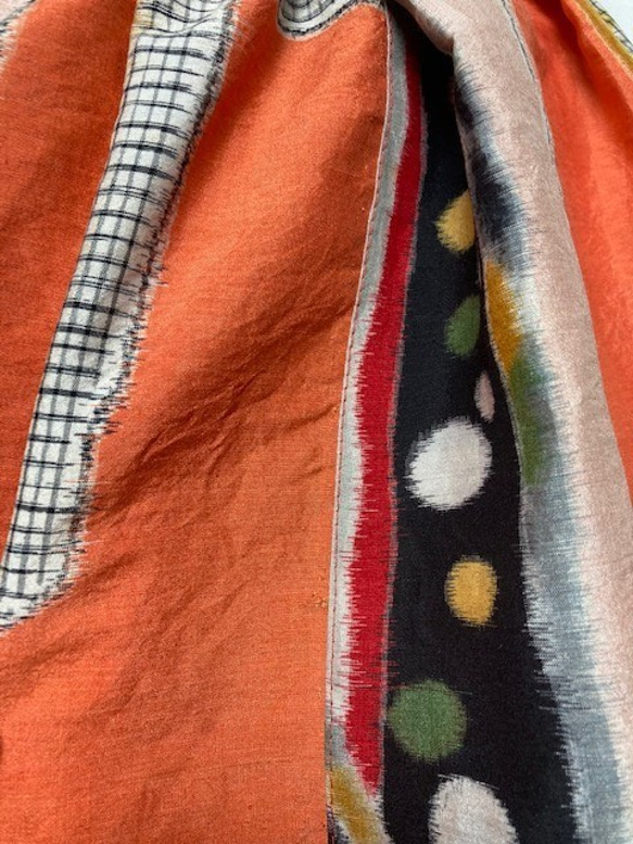 【着物リメイク】タック＆ギャザースカート/オレンジにドット・チェック・抽象柄 7枚目の画像
