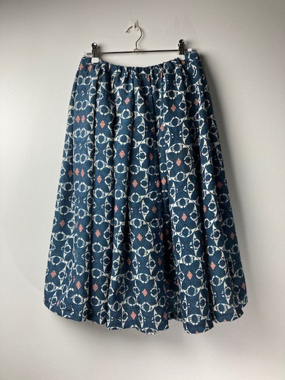 【着物リメイク】タック＆ギャザースカート/紺×オフ白×サーモンピンク 3枚目の画像