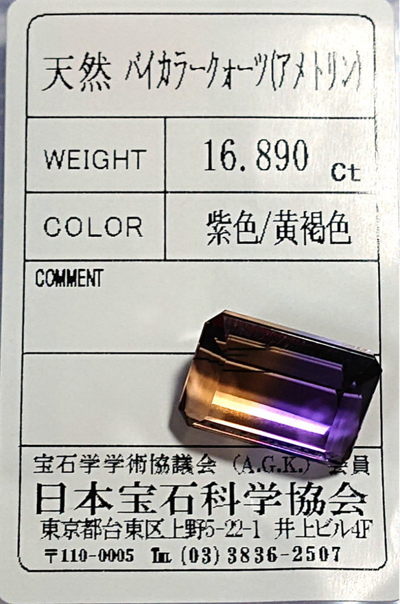 天然 バイカラークォーツ アメトリン 16.89ct 日本宝石科学協会ソーティング付き 3枚目の画像