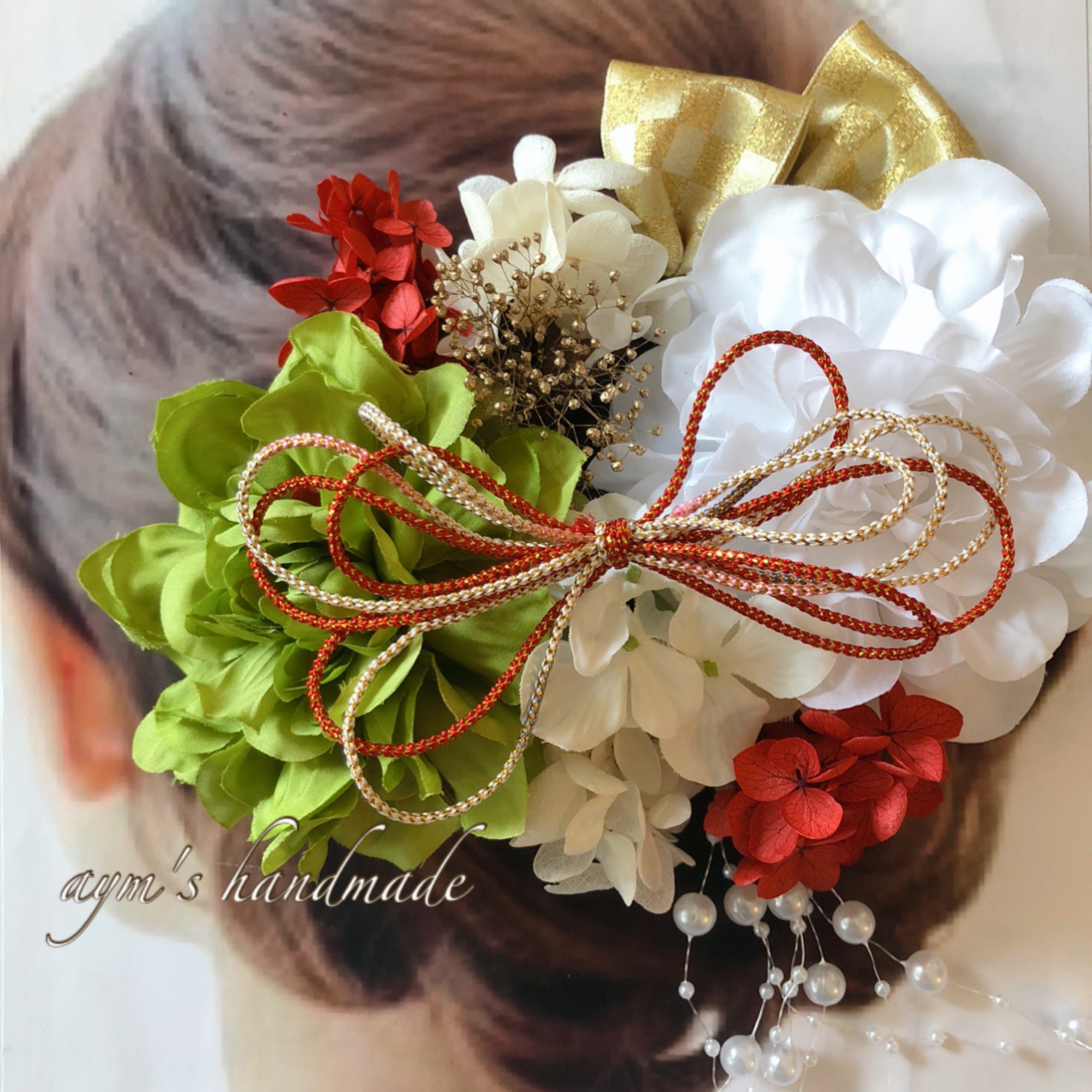 【カラー選べる髪飾り】グリーン&ホワイト白　紅白赤　和装　振袖　成人式用　結婚式　着物　色打掛　花嫁　和風　袴　オリーブ