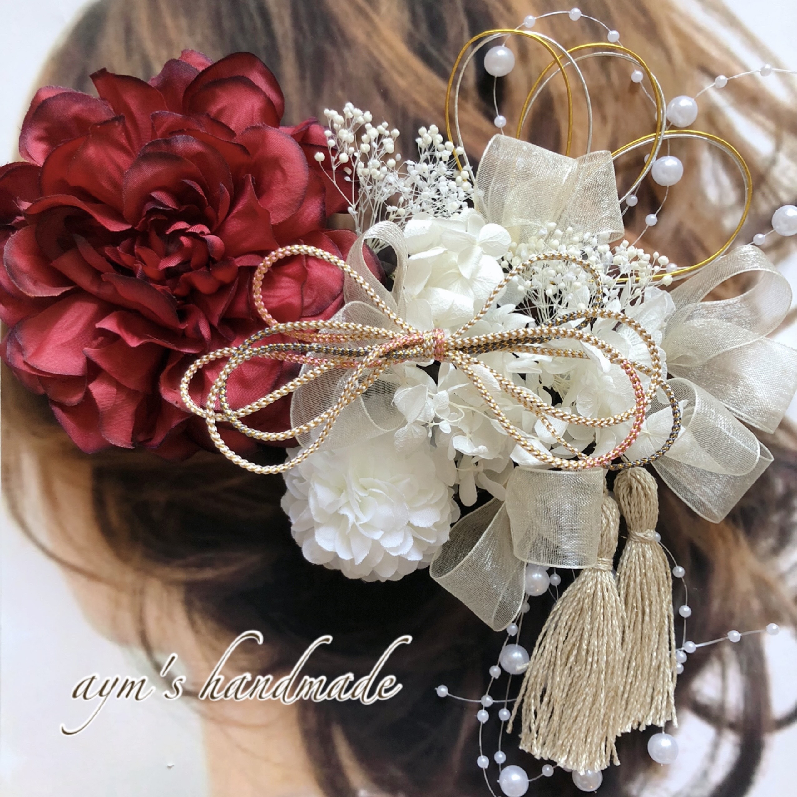 選べるカラー　レッド　成人式　和装髪飾り　赤ダリア&オーガンジーリボン　ヘッドドレス　花嫁　結婚式　和装　着物　ヘアピン