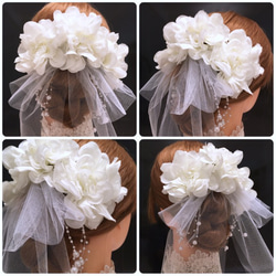 ウェディング　ヘッドドレス　ダリア　チュールリボン　ブライダル　結婚式　成人式　ホワイト　白　華やか　洋装　髪飾り 3枚目の画像