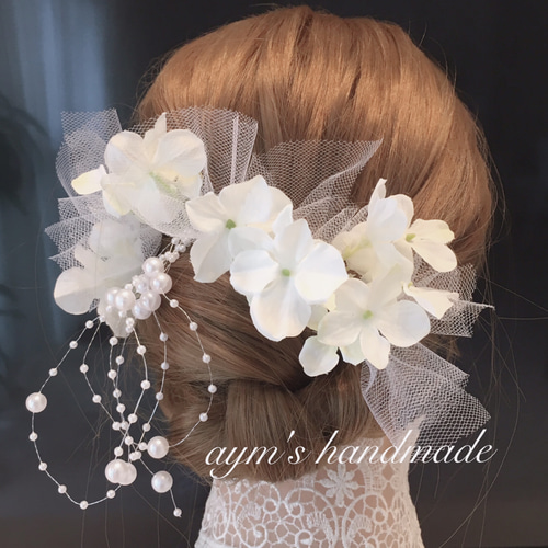 結婚式ヘッドドレス＊チュール&プリザーブドフラワーかすみ草 